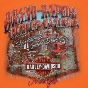 Harley Davidson Orange Grand Rapids Michigan Motorcycle Graphic T-Shirt Sz L
